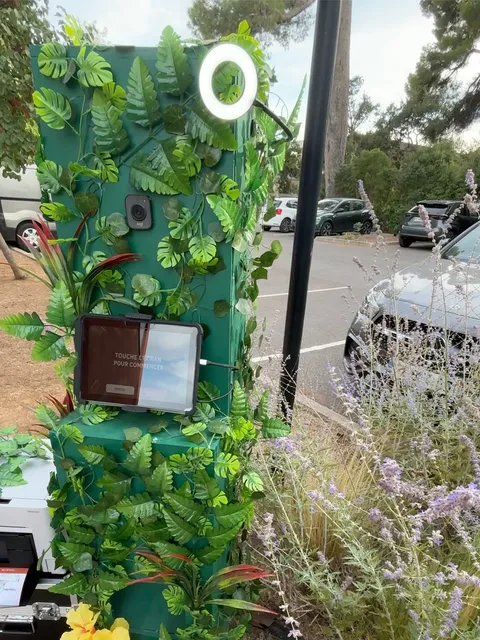 Le Jungleboot allumé en extérieur : anneau lumineux, écran tactile invitant à commencer, feuillage tropical et hibiscus jaune