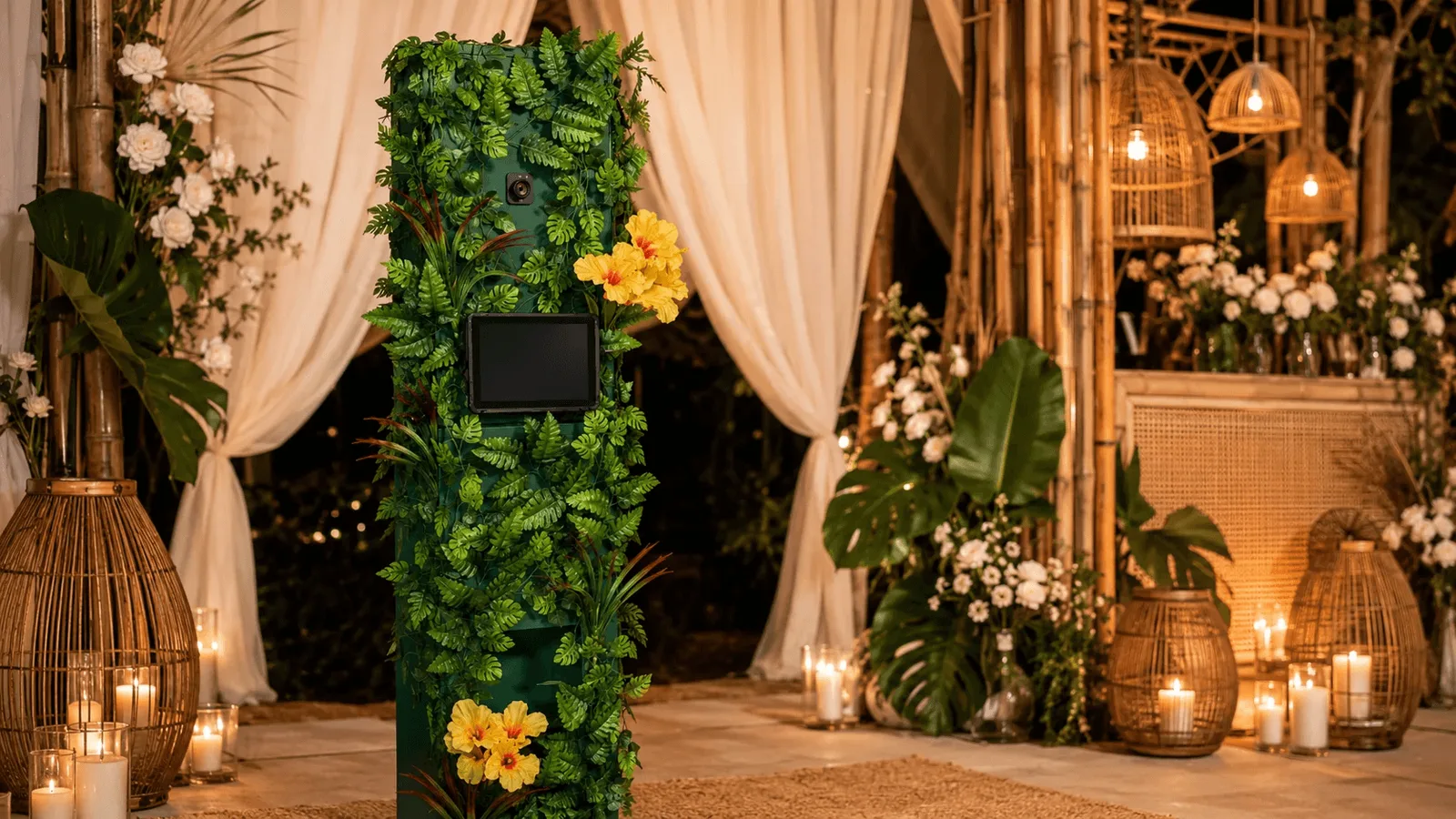 Le Jungleboot installé dans un décor de mariage : arche fleurie, voilages et bougies